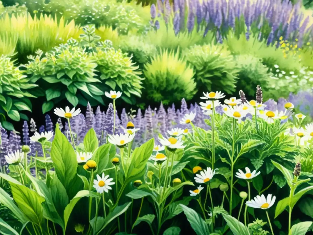 Detalle de un apacible jardín de hierbas con plantas como manzanilla, menta y lavanda, ideal para preparar infusiones de plantas medicinales