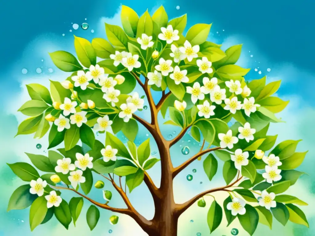 Detalle de ilustración acuarela de árbol de mirra en flor, con flores blancas y amarillas rodeadas de hojas verdes