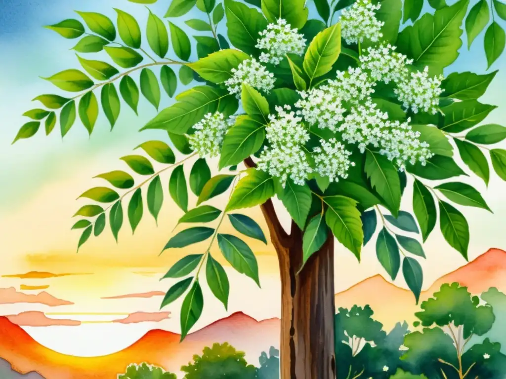 Detalle de ilustración acuarela de un árbol de neem con hojas verdes exuberantes y flores blancas, contra un vibrante atardecer