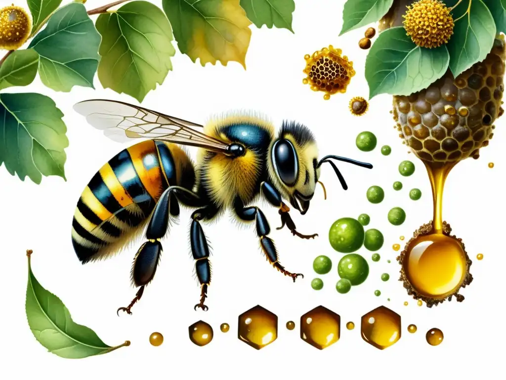 Detalle asombroso: abeja recolectando propóleo de álamo para repeler bacterias y virus