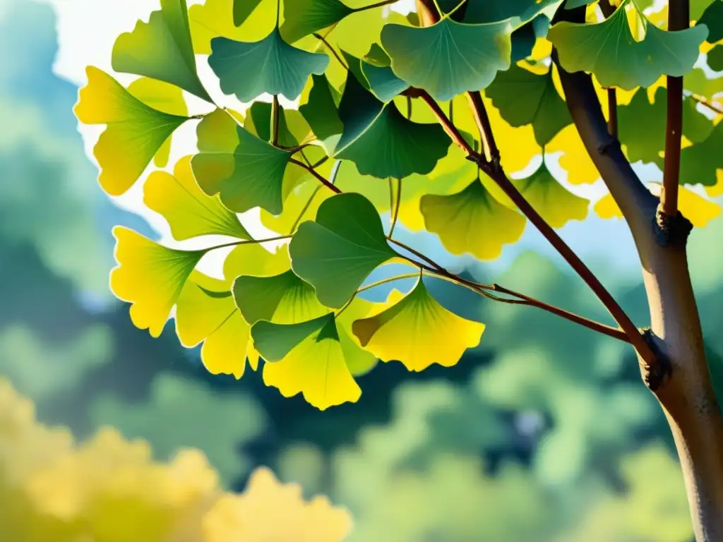 Detalle asombroso de un árbol de ginkgo biloba en flor, con hojas delicadas y follaje dorado