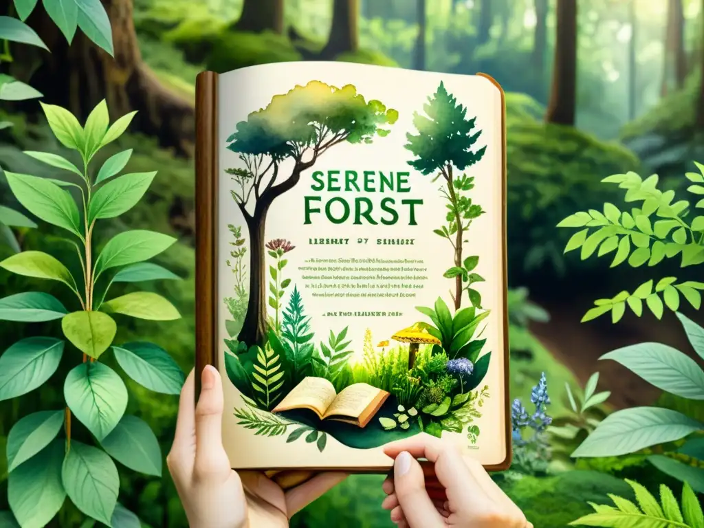 Detalle asombroso de ilustración acuarela 8k de un bosque sereno con plantas medicinales, un herborista interpreta señales en un cartel de madera