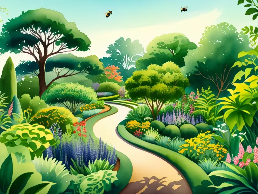 Detalle asombroso de un jardín botánico con plantas medicinales en una ilustración acuarela