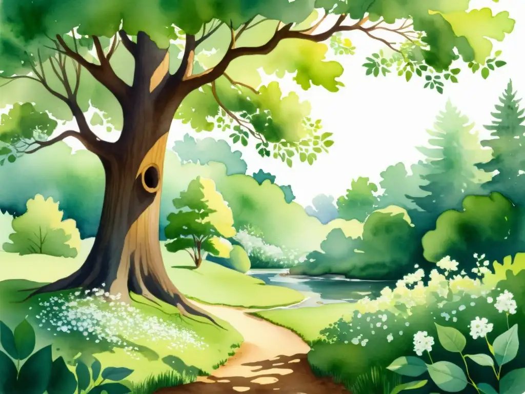 Detalle de ilustración acuarela de un bosque sereno con tilo en flor, transmite paz y beneficios del tilo para calmar