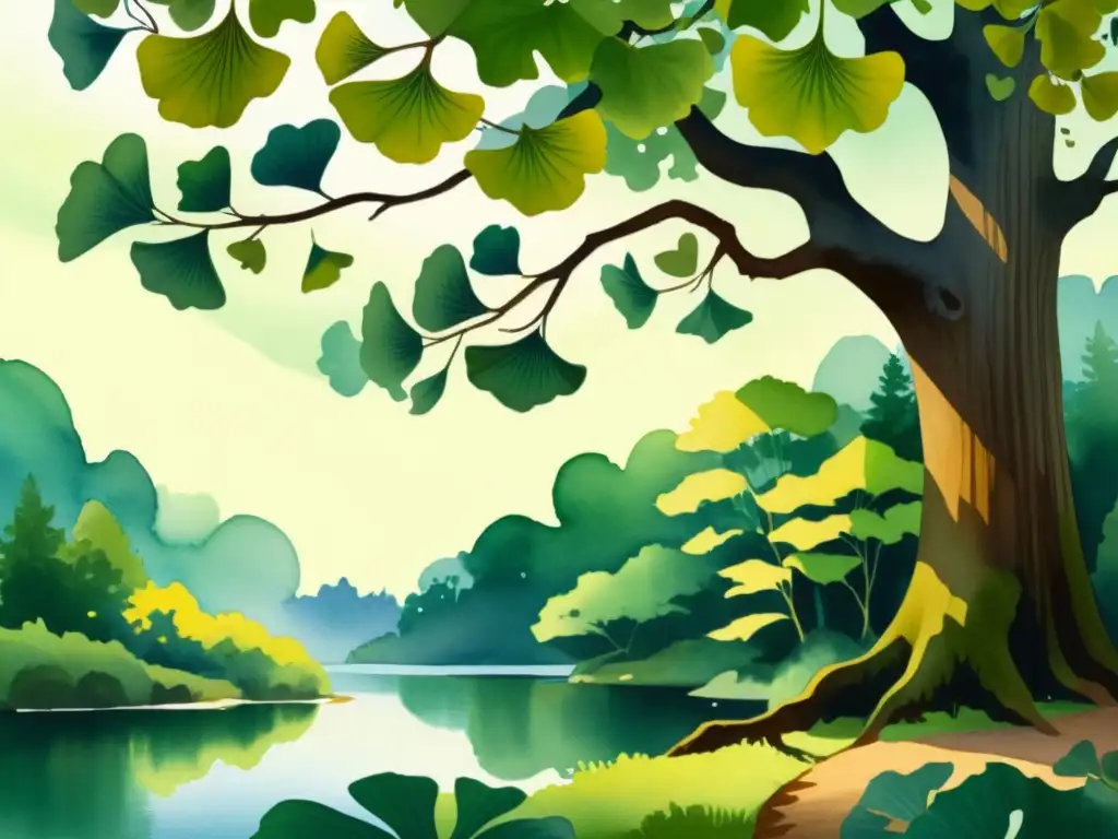 Detalle de ilustración acuarela de un bosque tranquilo con un río, destacando un majestuoso árbol de ginkgo biloba