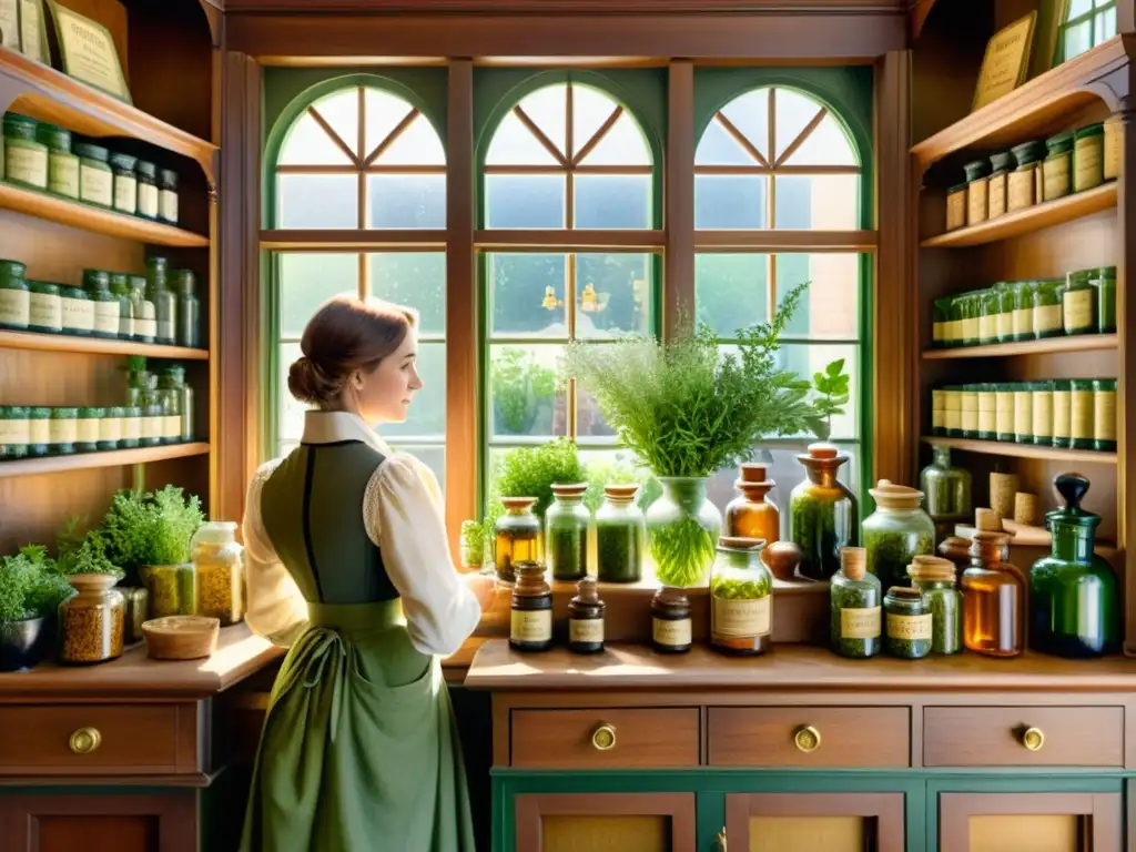 Detalle acuarela de una botica victoriana con hierbas en frascos y un farmacéutico preparando remedios