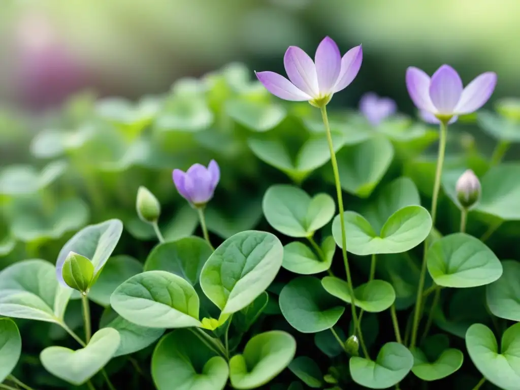 Detalle de ilustración acuarela de campo de Brahmi: flores púrpuras, hojas verdes redondeadas