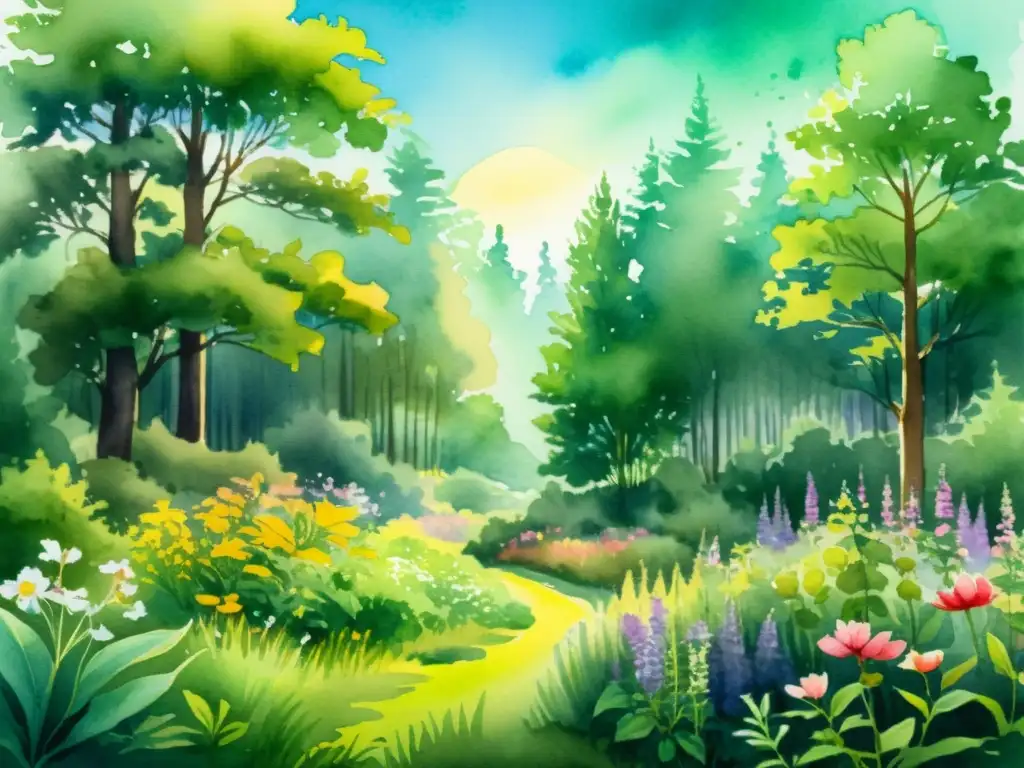 Detalle de ilustración acuarela de un claro boscoso con hierbas medicinales para suplementos naturales que mejoran la memoria