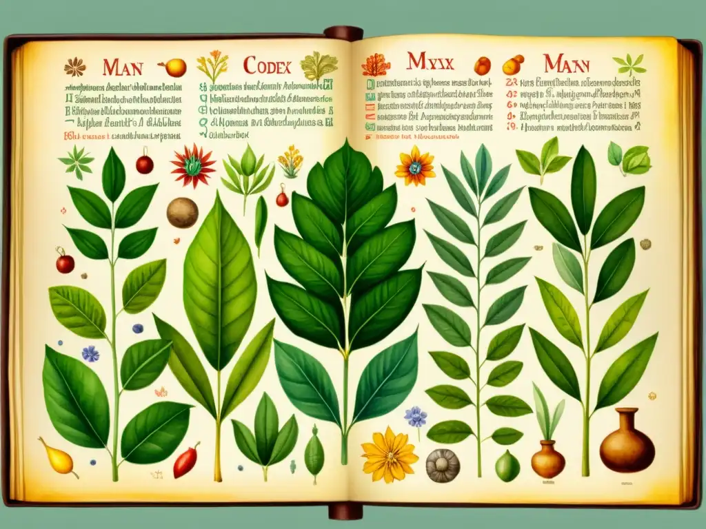 Detalle acuarela de un códice maya de plantas medicinales, con anotaciones en script antiguo