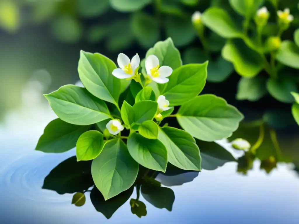 Detalle acuarela de Bacopa Monnieri en un estanque soleado, destacando sus propiedades para aprendizaje