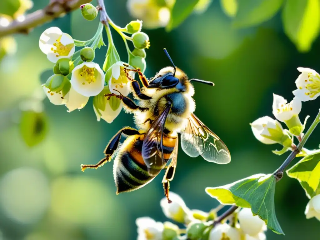 Detalle exquisito de una abeja recolectando resina de un vibrante álamo