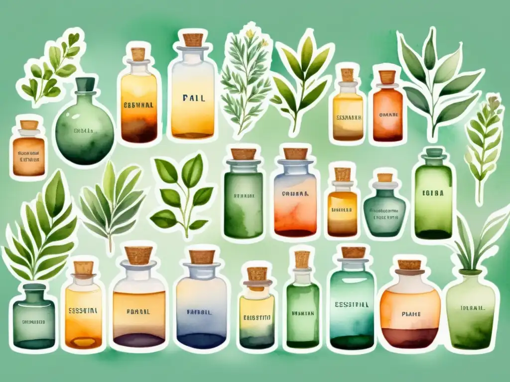 Detalle exquisito de ilustración acuarela: botellas de aceites esenciales rodeadas de plantas y flores, en tonos cálidos y fríos