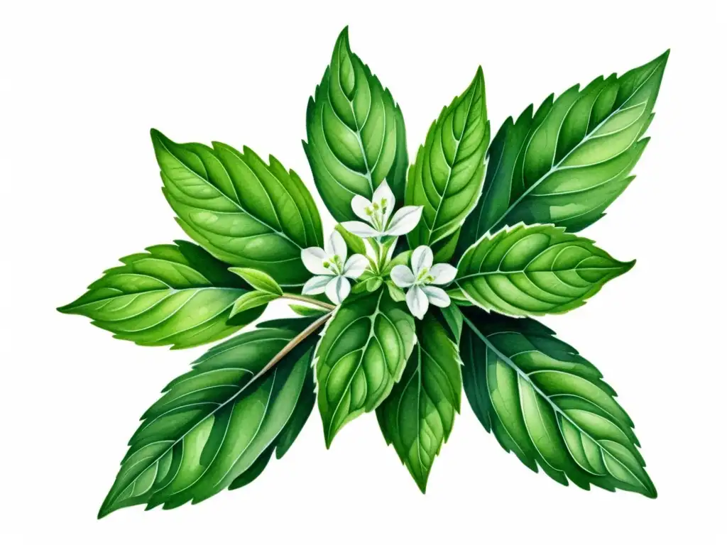 Detalle exquisito de una ilustración en acuarela de una planta de stevia, con hojas verdes vibrantes, flores blancas delicadas y semillas agrupadas