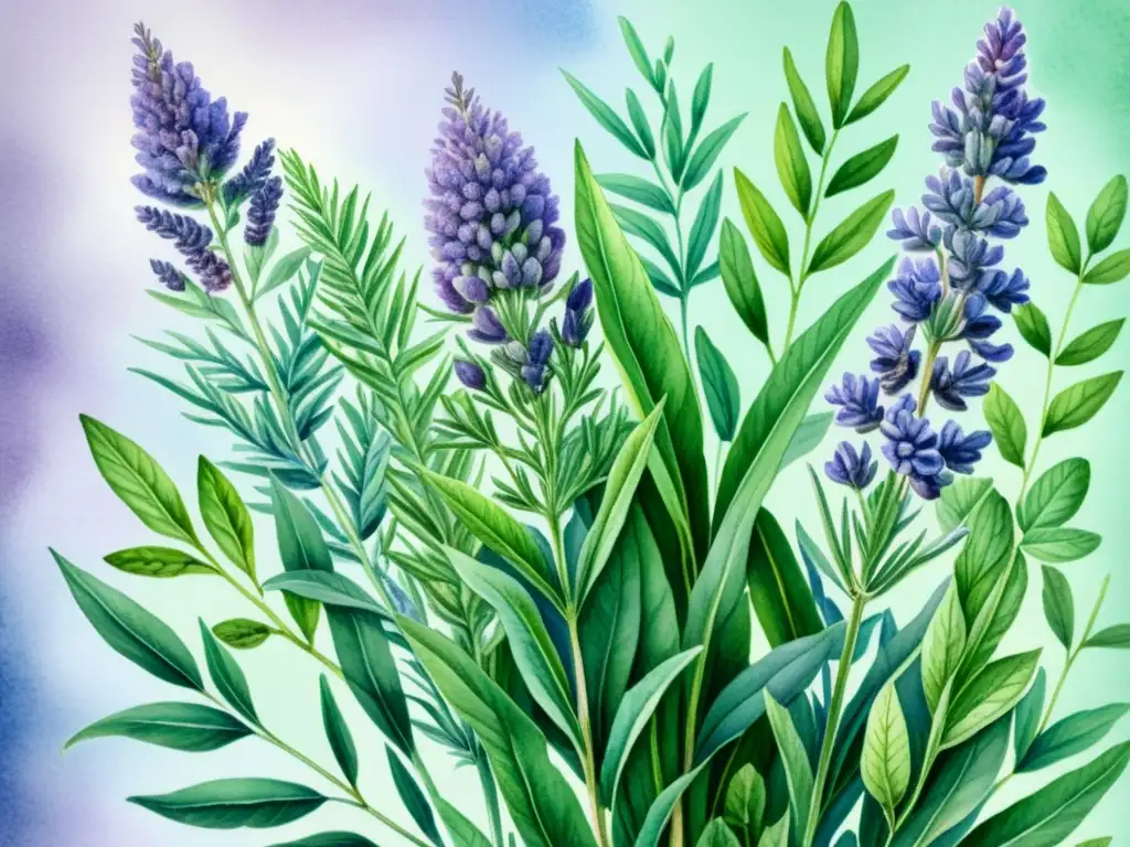 Detalle exquisito de pintura acuarela de hierbas aromáticas como lavanda, romero y menta, con colores delicados y atmósfera calmante