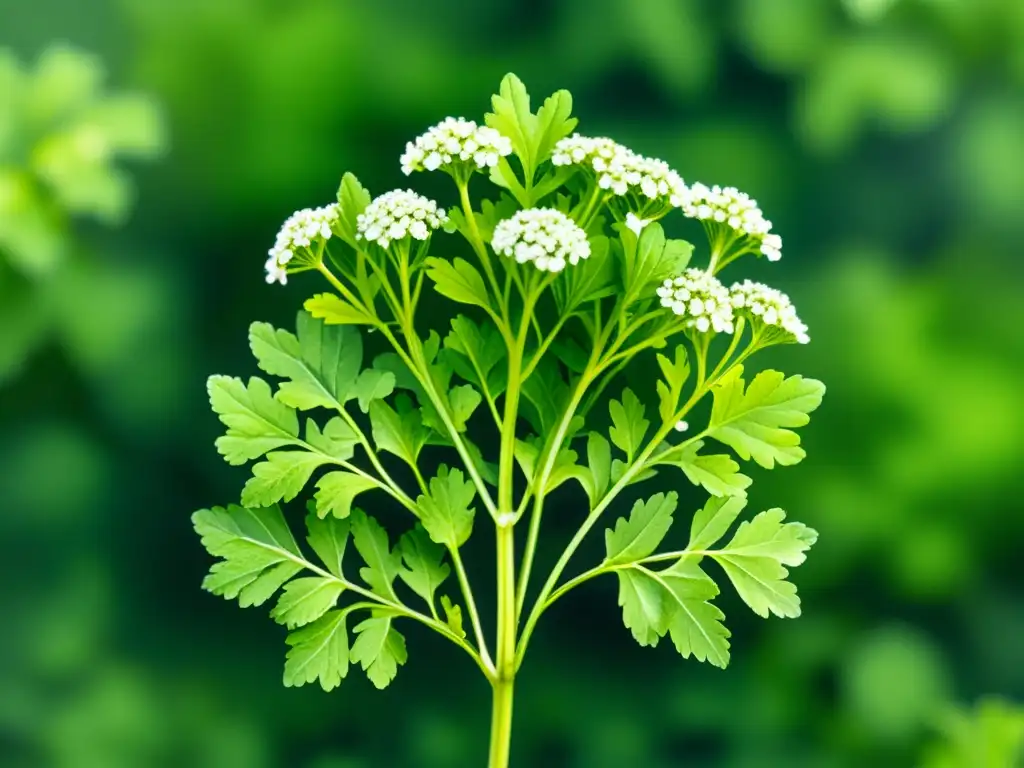 Detalle exquisito de planta de perejil verde vibrante, con hojas rizadas, tallos delicados y flores blancas