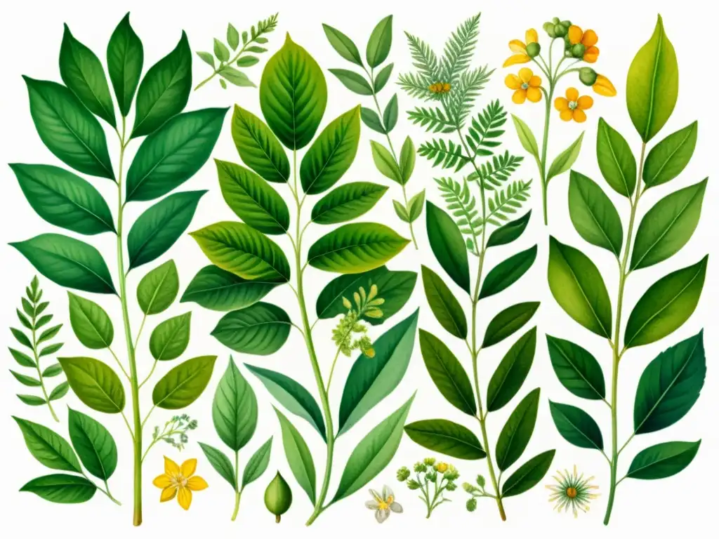 Detalle exquisito de plantas medicinales en acuarela, exudando serenidad y experticia en la elaboración de extractos de calidad
