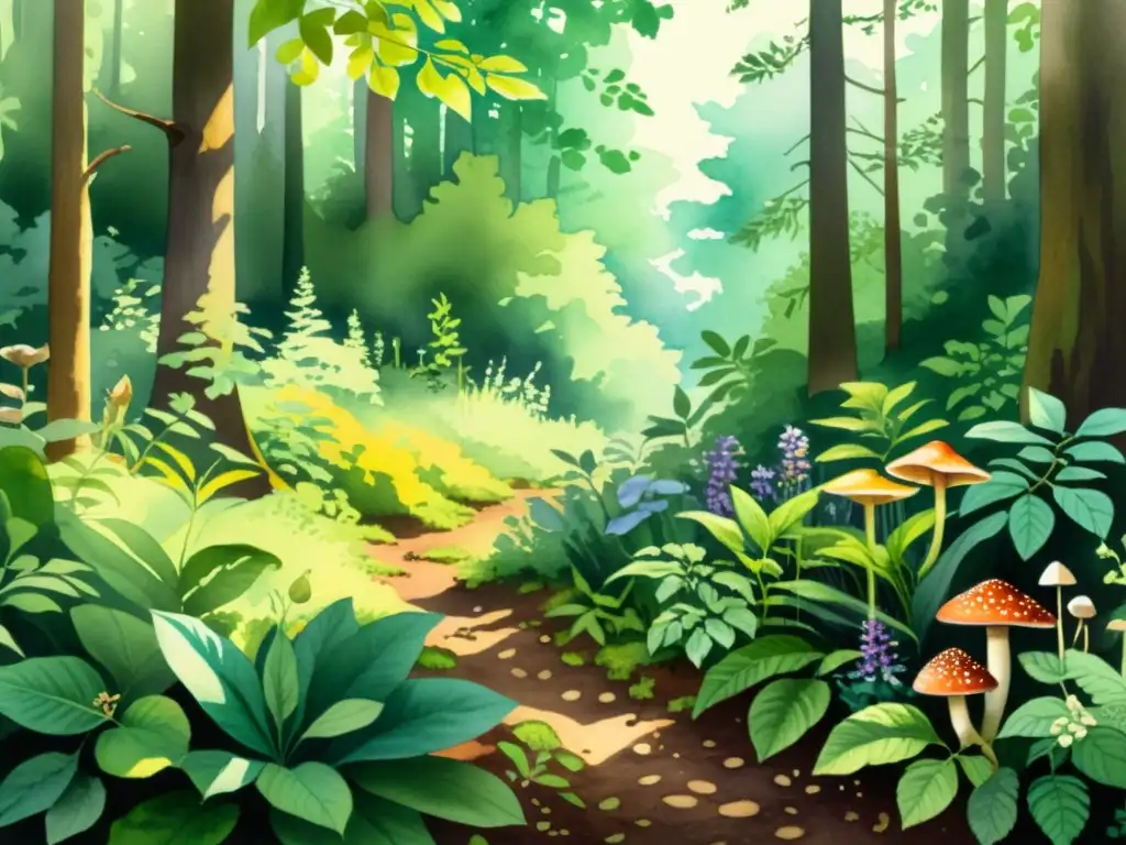 Detalle de ilustración acuarela de un exuberante bosque con plantas medicinales