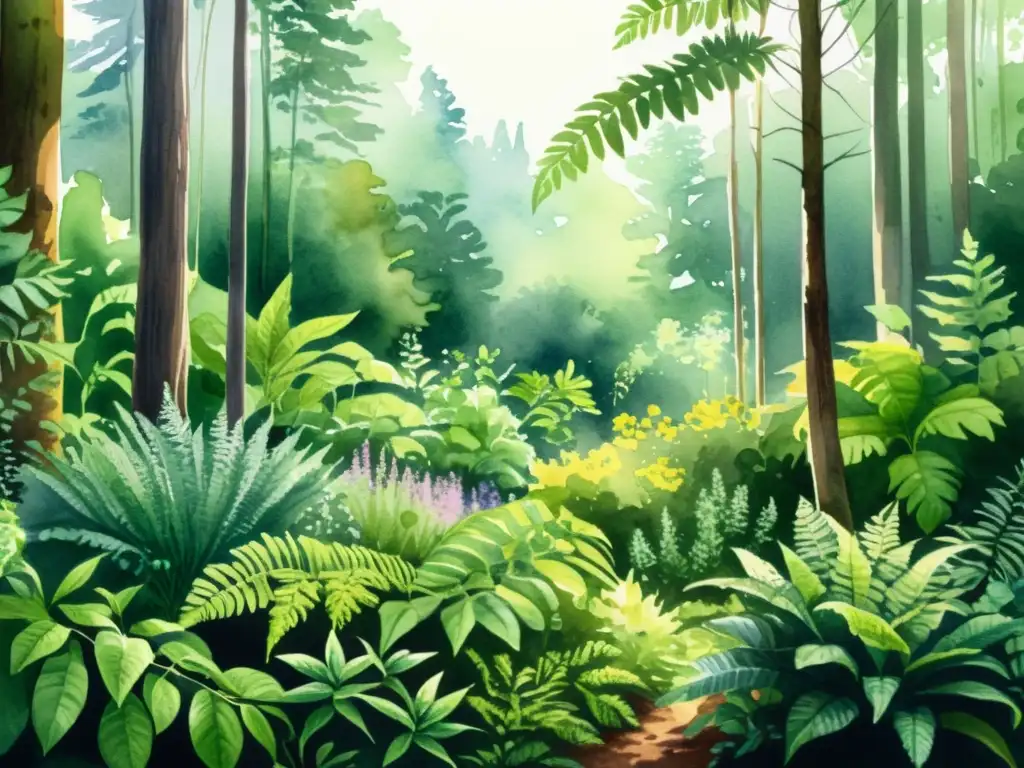 Detalle de ilustración acuarela de un exuberante bosque con plantas medicinales