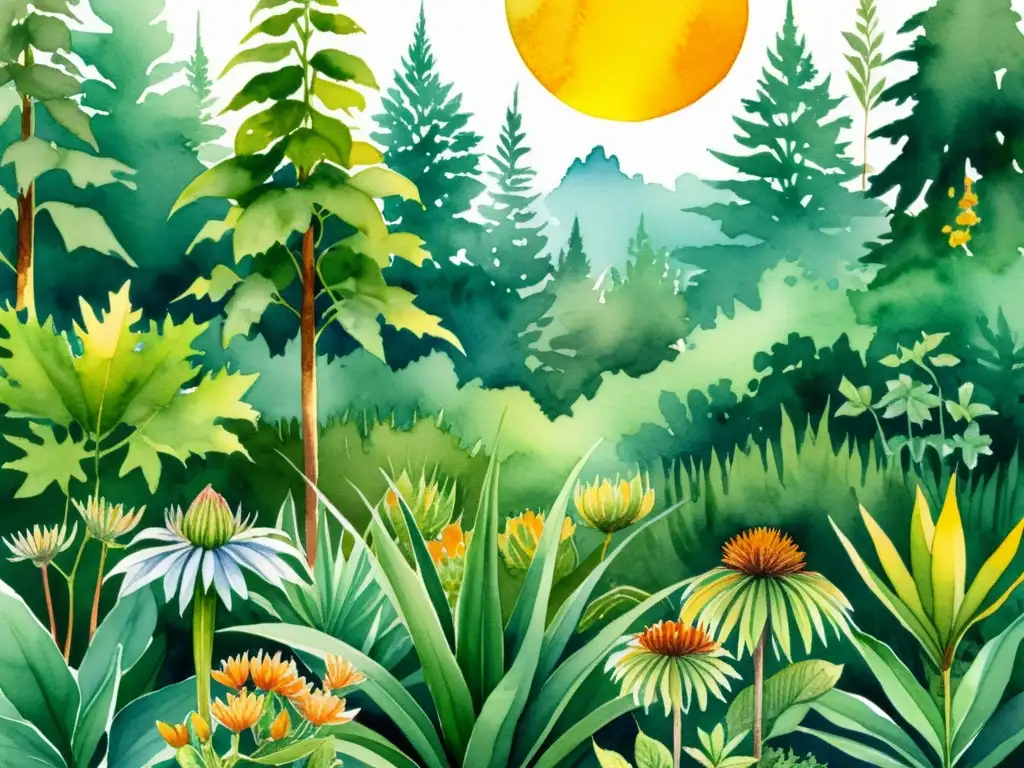 Detalle de ilustración acuarela de exuberante escena forestal con plantas medicinales indígenas