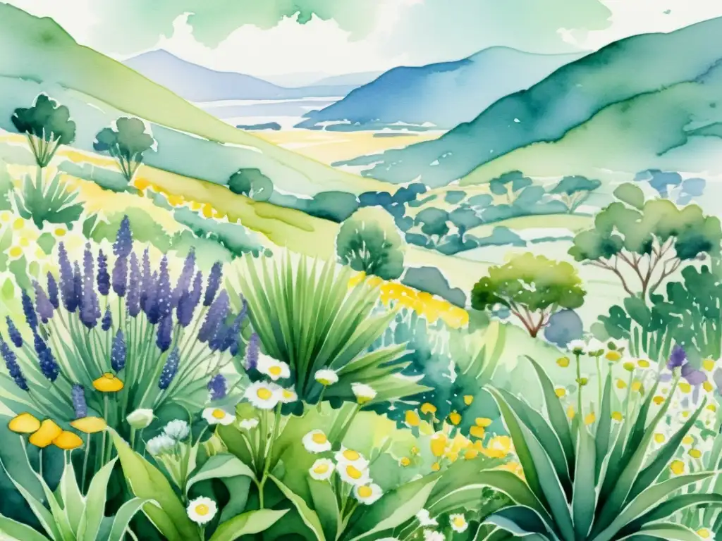 Detalle de ilustración acuarela de exuberante paisaje con plantas medicinales adaptadas a distintas zonas geográficas