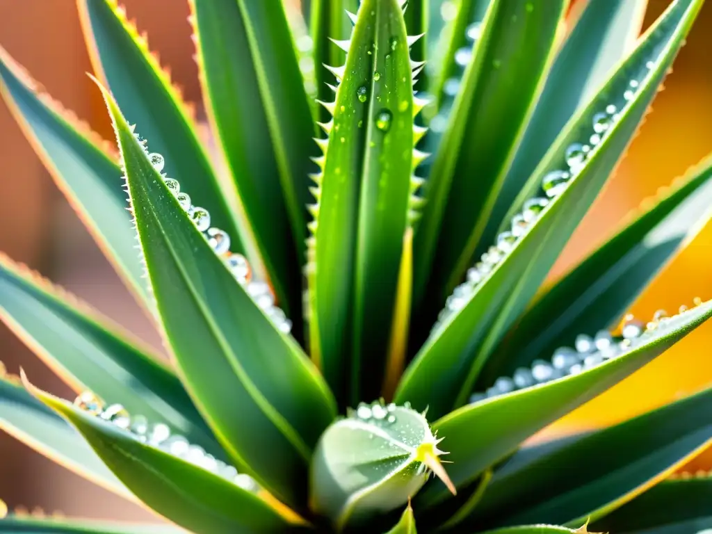 Detalle de una exuberante planta de sábila con gotas de agua, iluminada por el sol