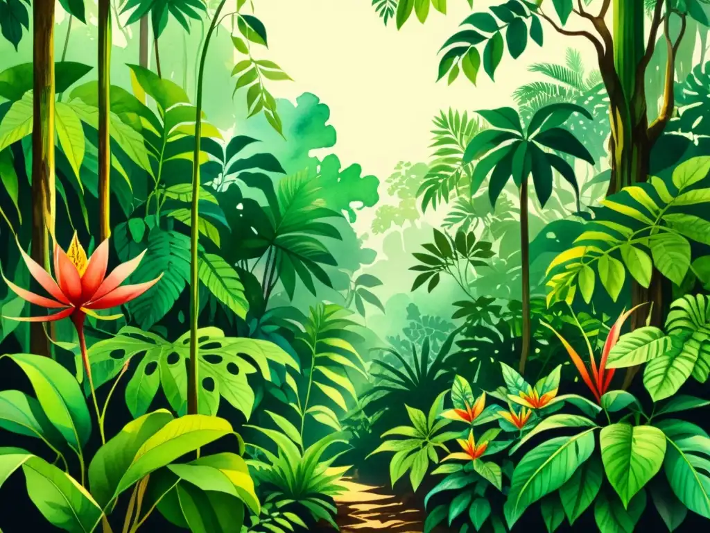 Detalle de ilustración acuarela de exuberante selva tropical, con especies botánicas y raíces entrelazadas