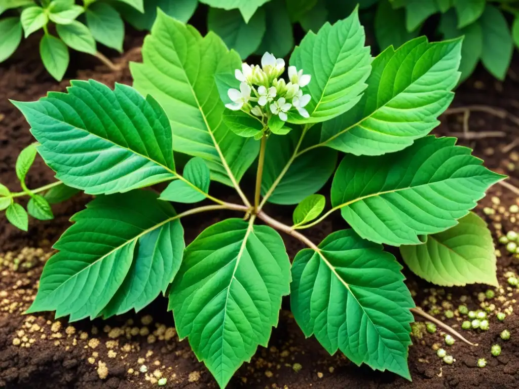 Detalle acuarela de ginseng con hojas verdes, flores blancas y raíces en la tierra, irradiando energía natural y equilibrio