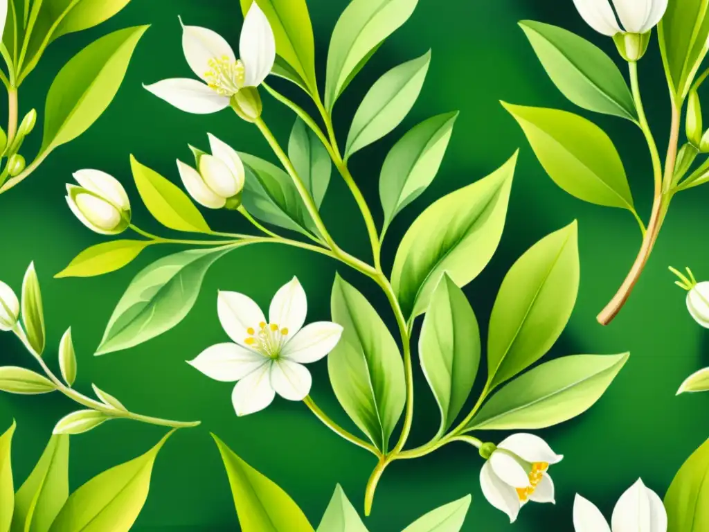 Detalle de ilustración acuarela de harpagofito con hojas verdes, flores blancas y cápsulas