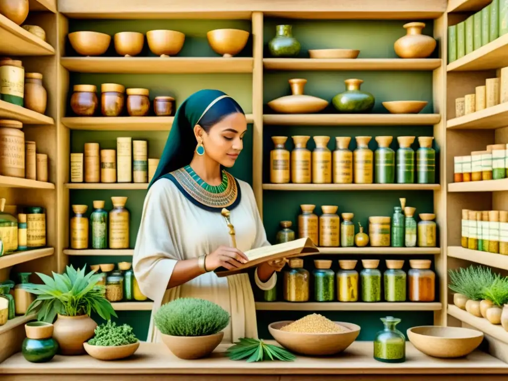 Detalle de una herbolaria egipcia con plantas medicinales, donde un sabio selecciona ingredientes entre jeroglíficos y rollos de papiro