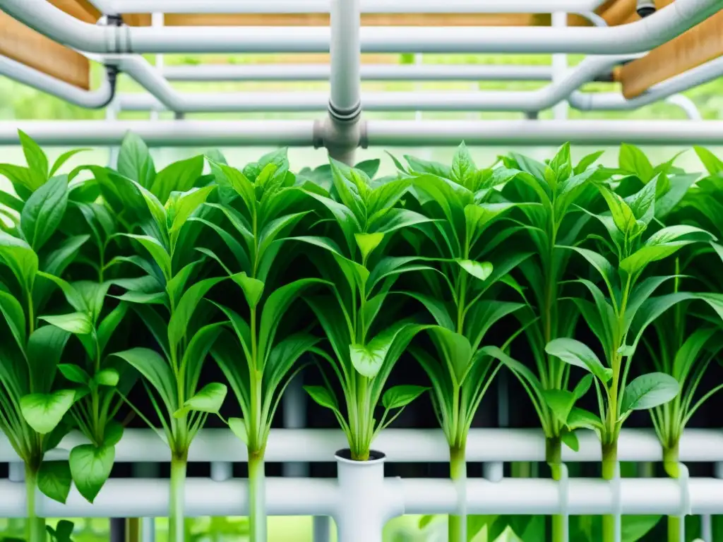 Detalle acuarela hidropónico con plantas vibrantes en agua nutritiva y follaje exuberante