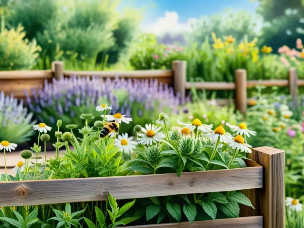 Detalle acuarela 8k de un jardín de hierbas tradicional con lavanda, manzanilla, equinácea y menta en camas elevadas, rodeado de una valla rústica