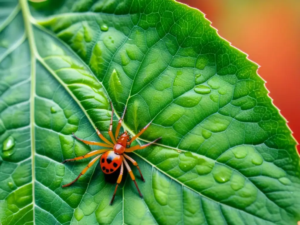 Detalle de hoja de planta medicinal verde con ácaros rojos, resaltando la protección de las plantas medicinales contra la araña roja