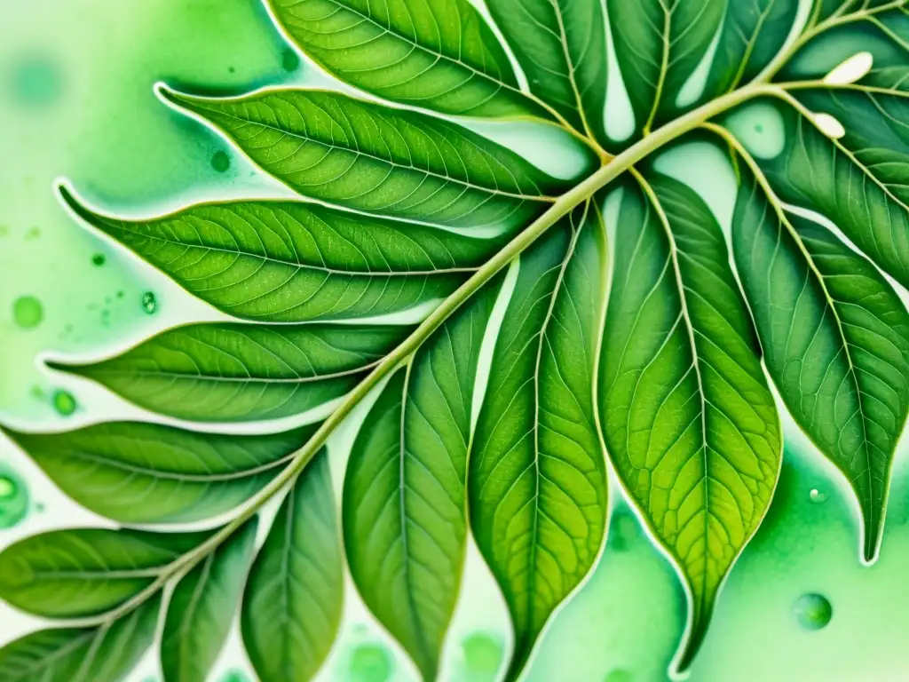 Detalle de ilustración acuarela de una hoja de planta medicinal, mostrando su estructura celular con tonos verdes vibrantes