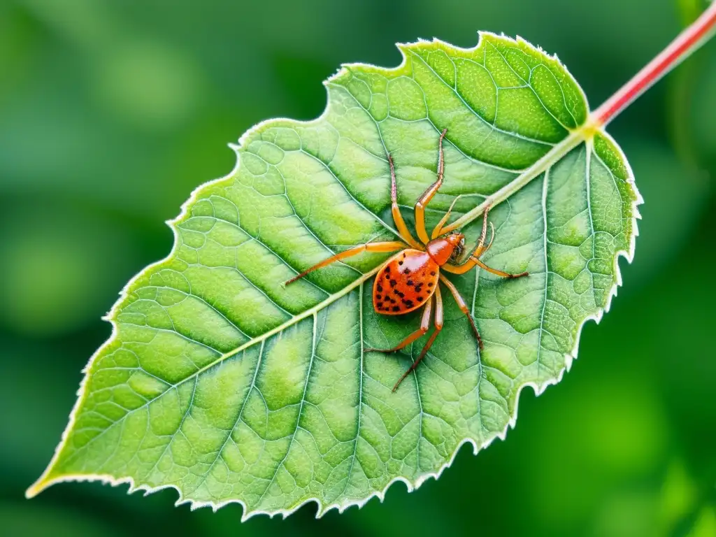 Detalle acuarela de hoja verde con infestación de ácaros rojos, destacando la protección de plantas medicinales