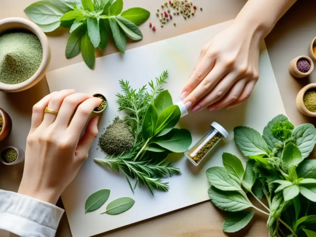 Artesanía herbal: Capsulas de hierbas Detalle ilustrado en acuarela de manos llenando cápsulas herbales terapéuticas con cuidado y precisión, rodeadas de hierbas frescas