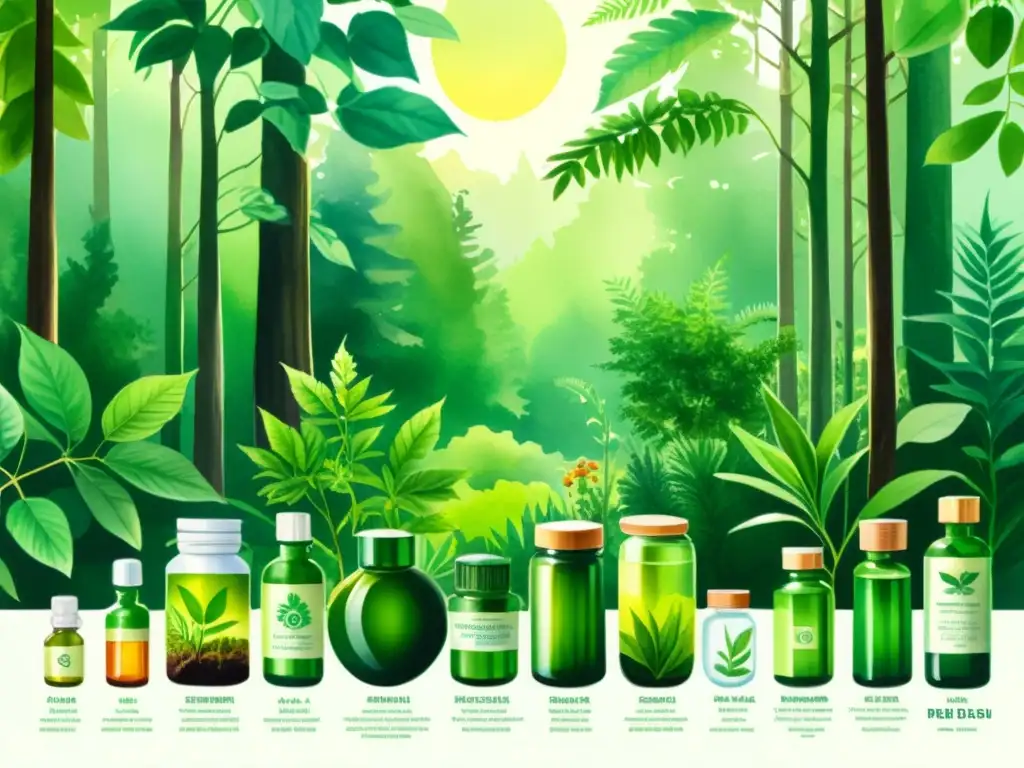 Detalle ilustrado de un exuberante bosque con plantas medicinales y medicamentos convencionales, simbolizando la interacción entre fitocompuestos y medicamentos