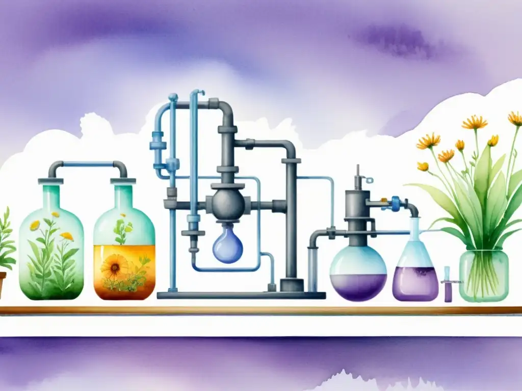 Detalle ilustrado de extracción supercrítica CO2 de plantas medicinales, con precisión científica y vitalidad orgánica