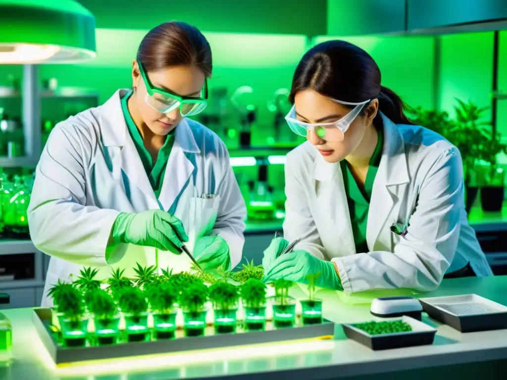 Detalle acuarela de laboratorio con científicos cultivando y extrayendo células madre vegetales para aplicaciones terapéuticas