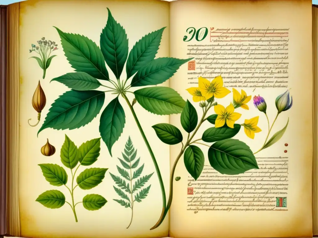 Detalle de manuscritos antiguos sobre plantas medicinales en acuarela, con ilustraciones botánicas detalladas y colores vibrantes