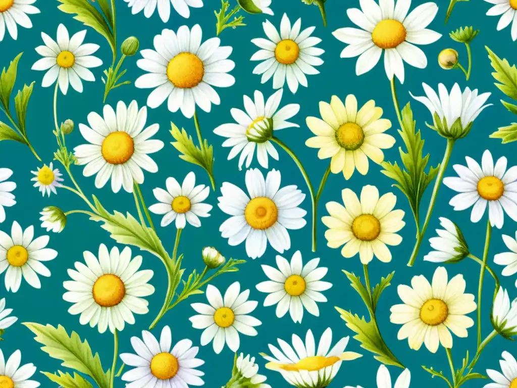 Detalle de ilustración acuarela de manzanillas en patrón intrincado