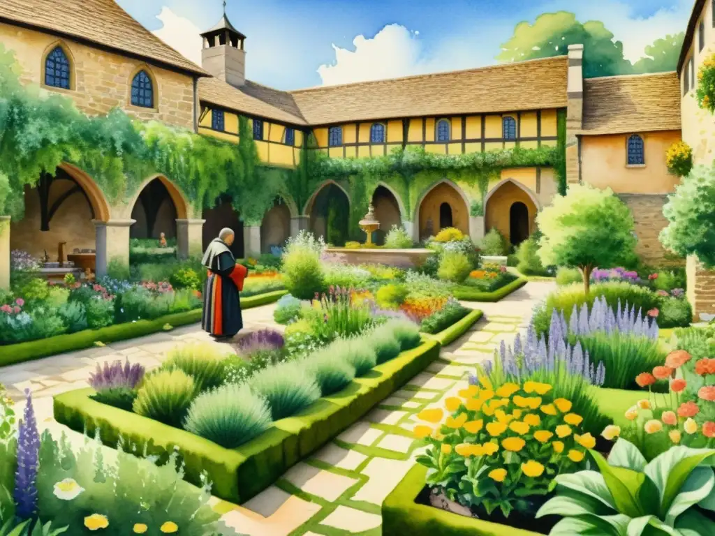 Detalle acuarela de un jardín medieval con monjes y plantas vibrantes, evocando la evolución de la herbolaria en la Edad Media