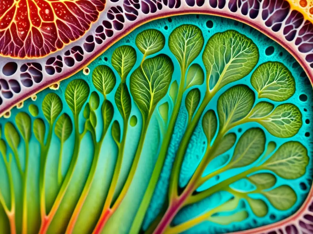 Detalle microscópico de un tallo vegetal ilustrado en acuarela, revelando la complejidad de las técnicas histológicas estudio fitofármacos