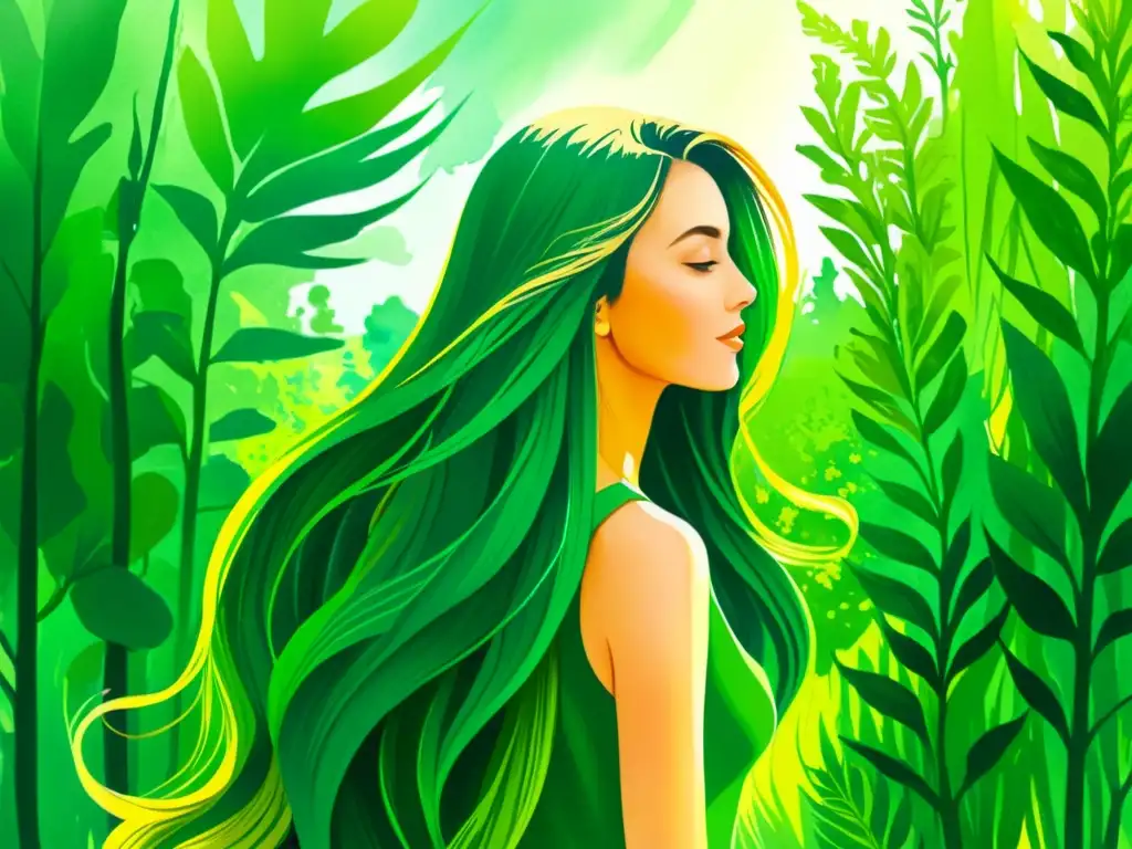 Detalle de ilustración acuarela: mujer con cabello de colas de caballo verde entretejidas