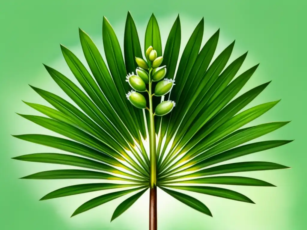 Detalle acuarela de una palma en flor con frondas intrincadas, tonos verdes vibrantes y flores delicadas