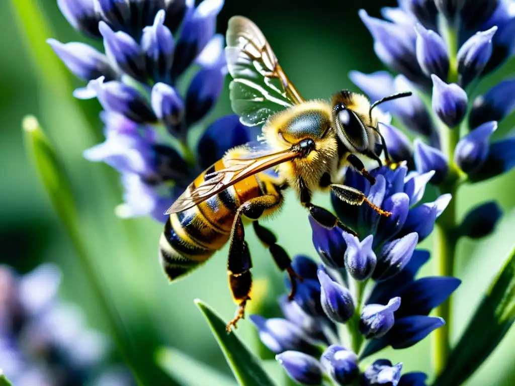 Detalle de pintura acuarela: abeja libando en lavanda