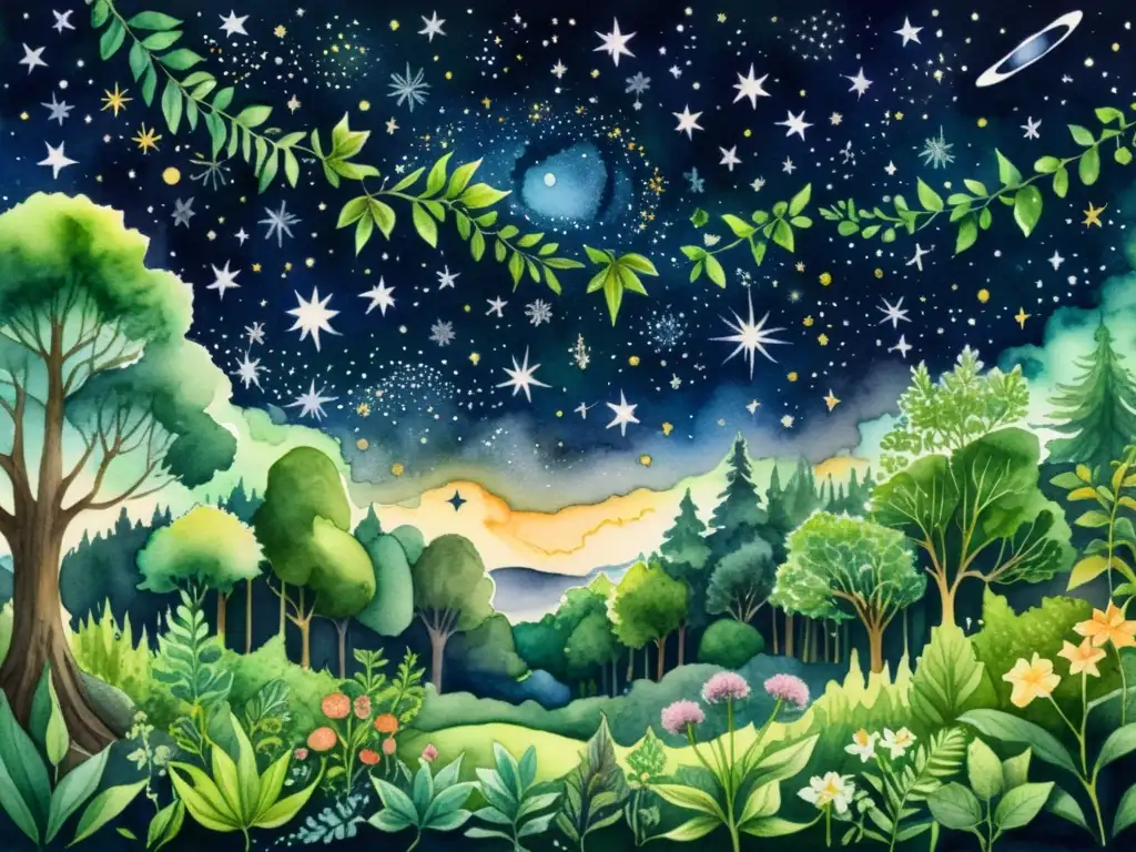 Detalle de pintura acuarela de un exuberante bosque con plantas medicinales y un cielo estrellado, evocando maravilla natural y conexión cósmica