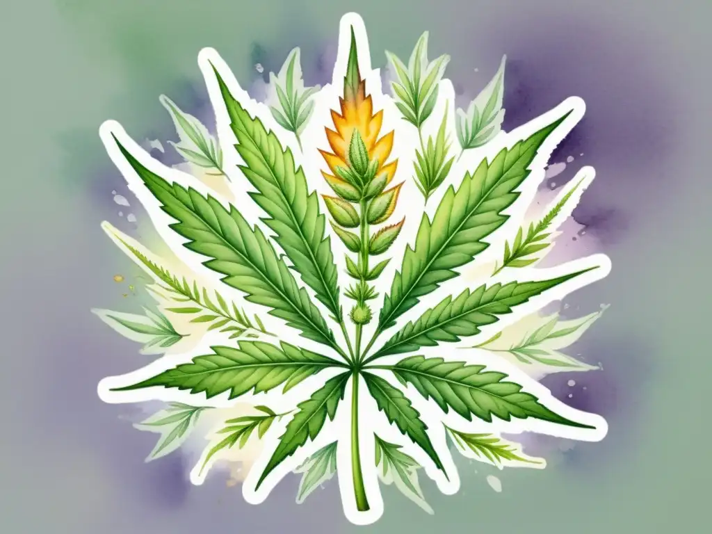 Detalle de ilustración acuarela de planta de cannabis con aplicaciones terapéuticas de cannabinoides en plantas medicinales