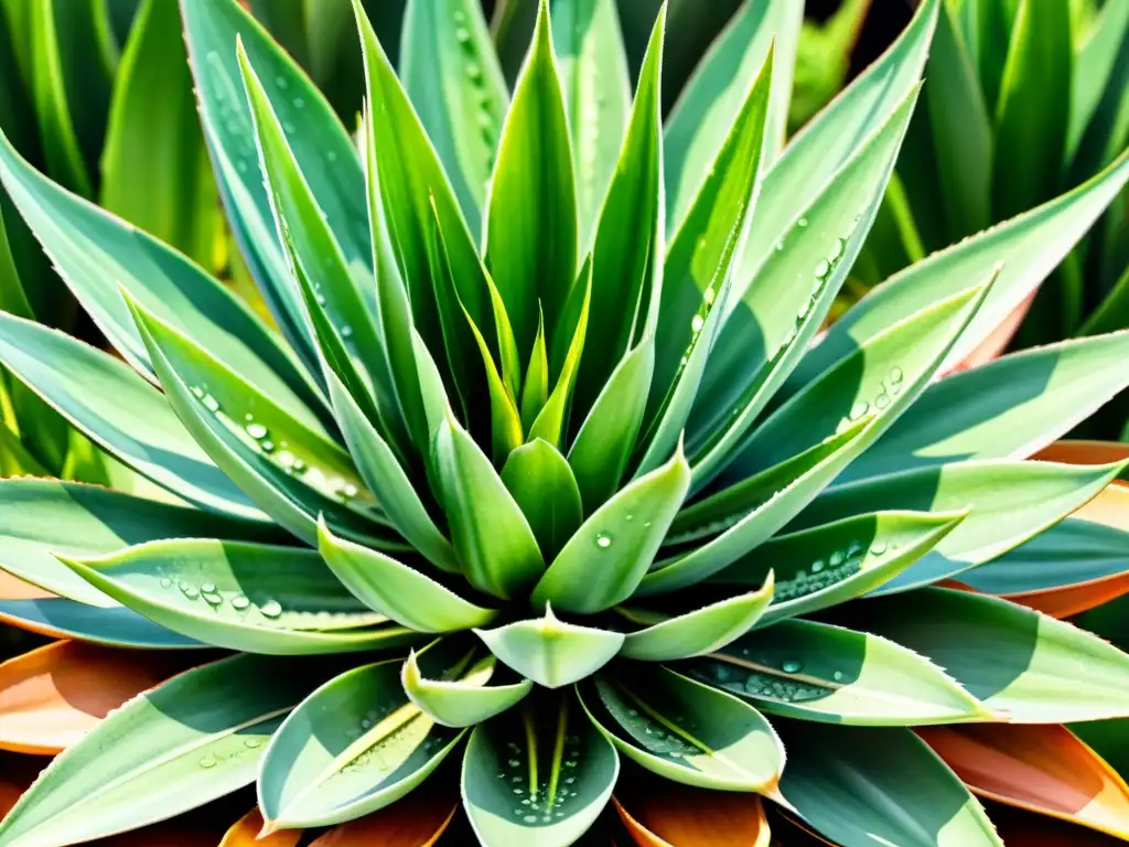 Detalle de planta de sábila con beneficios terapéuticos del Aloe Vera, hojas verdes, luz solar y gotas de agua