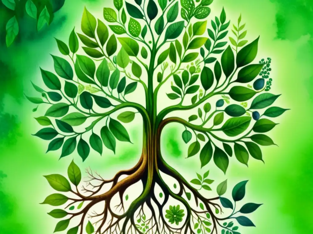 Detalle acuarela de planta verde interactuando con células humanas, ilustrando interacción plantas medicinales organismo