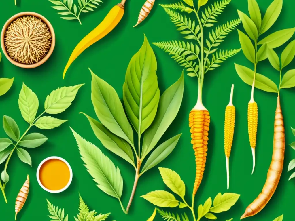 Detalle de ilustración acuarela de plantas medicinales con raíces en jardín exuberante